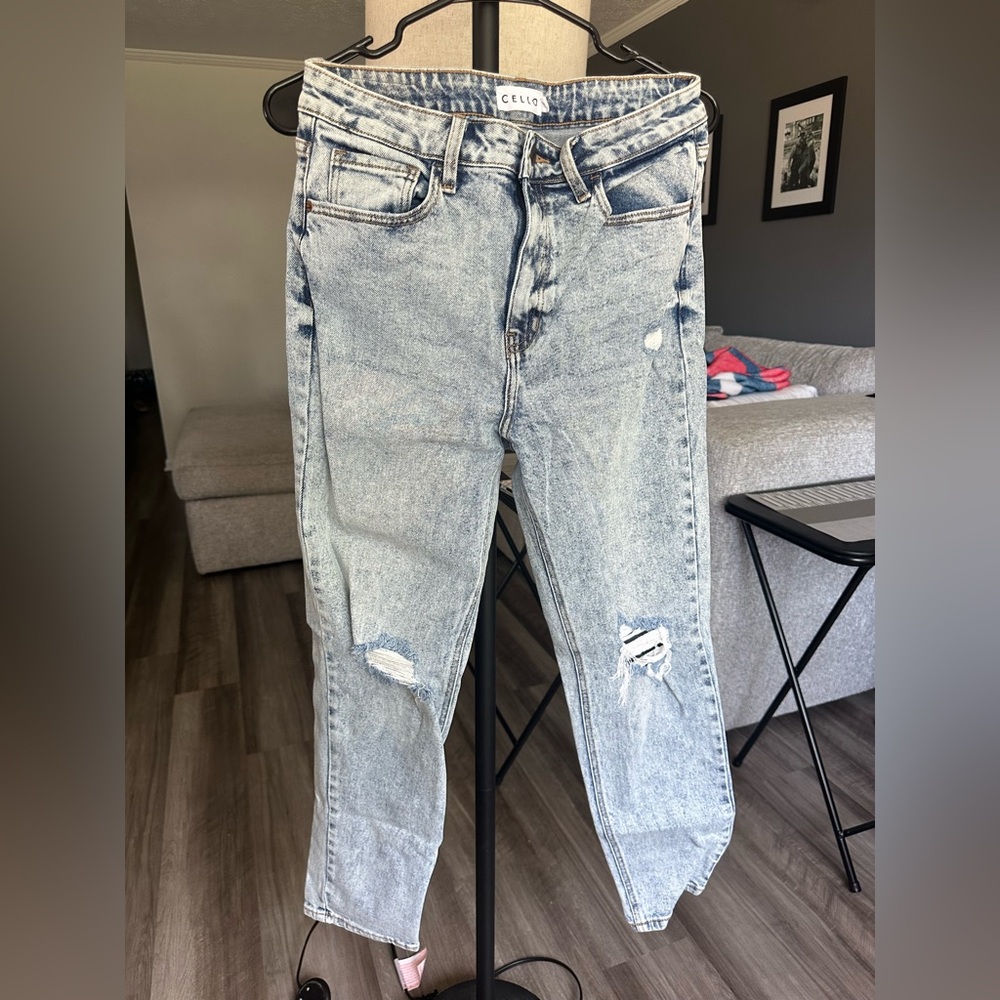 Cello Blue Straight Leg Jeans with Distressed Finish